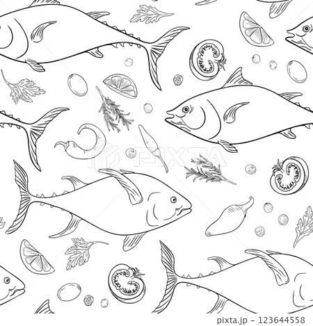 Sea fish tuna and vegetables monochrome vector seamless pattern hand drawn. Kingfish black white contour drawing. Fishes, herbs, tomatoes and jalapeno graphic linear style for prints, wrapping paper. Sea fish tuna and vegetables monochrome vector seamless pattern hand drawn. Kingfish black white contour drawing. Fishes, herbs, tomatoes and jalapeno graphic linear style for prints, wrapping paper. 123644558