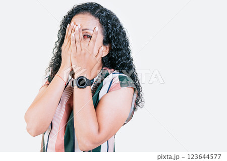 Person with irritated eyes. Young woman with conjunctivitis on isolated background, Close up of people with eye strain Person with irritated eyes. Young woman with conjunctivitis on isolated background, Close up of people with eye strain 123644577