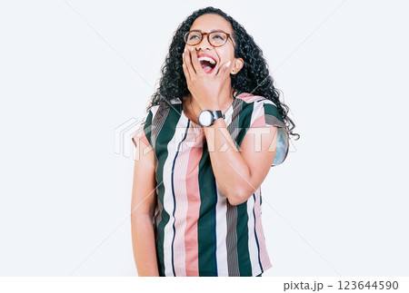 Funny young afro woman laughing on isolated background. Young woman in glasses laughing out loud isolated 123644590