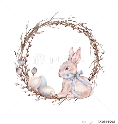 Frame with watercolor illustration tree branch without leaves, willow, poppy seed boxes. Easter bunny or rabbit with painted eggs and bow isolated on a background. With empty place inserting text. 123644598