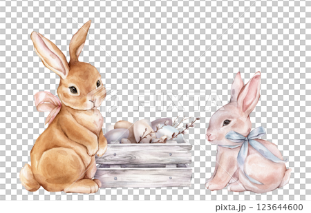 Cute watercolor illustration wooden box made of white gray with chicken and quail eggs and willow branches and Easter bunny and hare with bow. Hand drawn illustration isolated on background for card 123644600