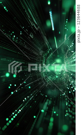 Abstract visualization of digital data streaming through a futuristic tunnel with glowing green particles 123644688