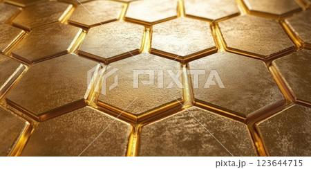 Honeycomb pattern showcasing the intricate hexagonal design with a glossy golden finish under soft light 123644715