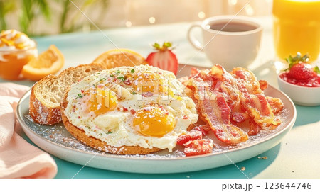 Delicious breakfast spread featuring eggs, bacon, toast, and fruit on a sunny table 123644746