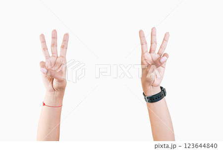Hands counting number three. Woman hands showing number three isolated, Fingers counting number three 123644840