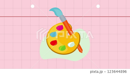 Image of paint brush and pallet art subject icon on squared pink notebook page Image of paint brush and pallet art subject icon on squared pink notebook page 123644896