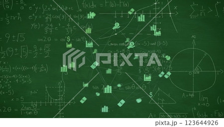 Image of network of business icons over mathematical equations on chalkboard Image of network of business icons over mathematical equations on chalkboard 123644926