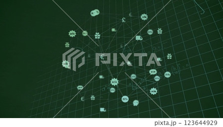 Image of network of business icons over mathematical equations on chalkboard 123644929