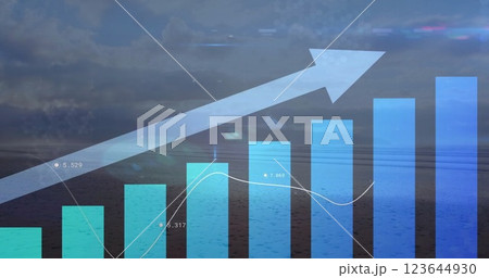 Image of upward arrow and blue graphs processing data over cloudy sky 123644930