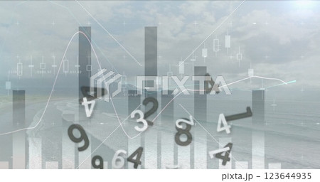 Image of graphs and processing data over sky and landscape 123644935