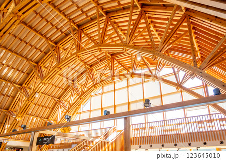 道の駅ふたつい きみまちの里　米代川・七座山へ貫通させるアーチ型大屋根　アーチトラス　木の建築文化 123645010