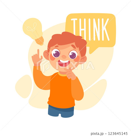 Boy Think as Verb Study with Little Kid Demonstrating Activity Vocabulary Vector Illustration 123645145