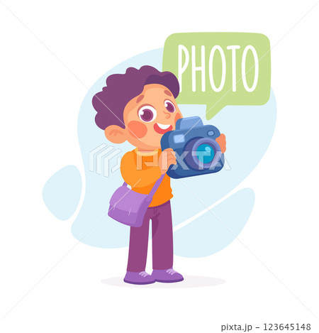 Boy Take Photo with Camera as Verb Study with Little Kid Demonstrating Activity Vocabulary Vector Illustration Boy Take Photo with Camera as Verb Study with Little Kid Demonstrating Activity Vocabulary Vector Illustration 123645148