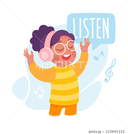 Girl Listen to Music as Verb Study with Little Kid Demonstrating Activity Vocabulary Vector Illustration Girl Listen to Music as Verb Study with Little Kid Demonstrating Activity Vocabulary Vector Illustration 123645152