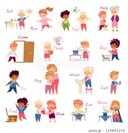 Verbs Study with Little Kid Demonstrating Different Activity Vocabulary Vector Set Verbs Study with Little Kid Demonstrating Different Activity Vocabulary Vector Set 123645158