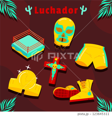 Flat design mexican wrestler element collection 123645311