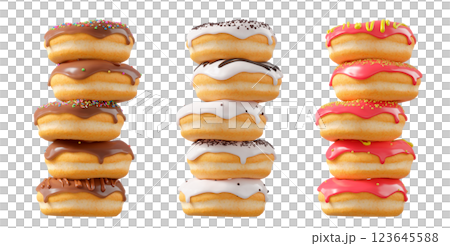 Assorted donuts with colorful icing, sprinkles, and chocolate isolated on white transparent background 123645588