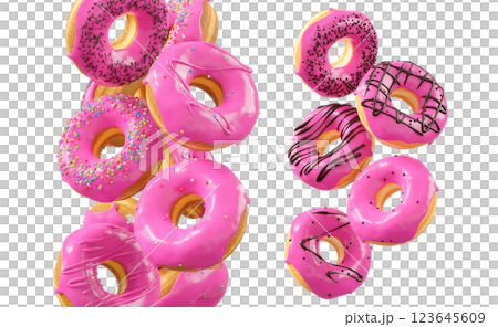 Donuts with pink fruit glaze, sprinkles, white drizzle, and dots isolated on white transparent background Donuts with pink fruit glaze, sprinkles, white drizzle, and dots isolated on white transparent background 123645609
