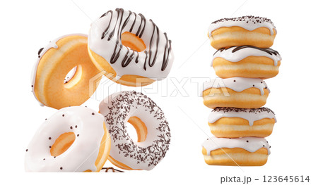 Donuts with white chocolate glaze, sprinkles, white drizzle, and dots isolated on white transparent background 123645614
