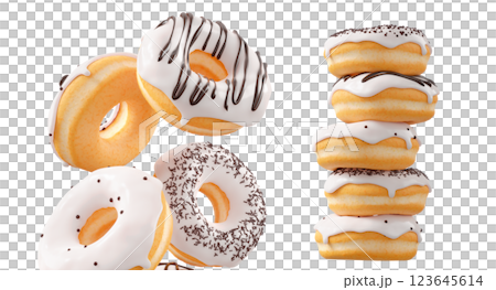 Donuts with white chocolate glaze, sprinkles, white drizzle, and dots isolated on white transparent background 123645614