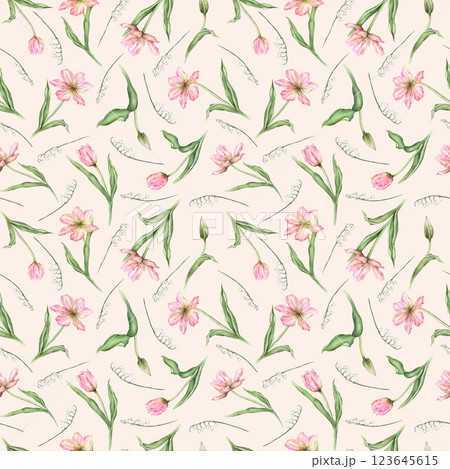 Seamless pattern of pastel pink light bud Tulips and white lily of the valley watercolor illustration isolated on background. Hand drawn delicate spring flowers for spring wedding repeat design 123645615