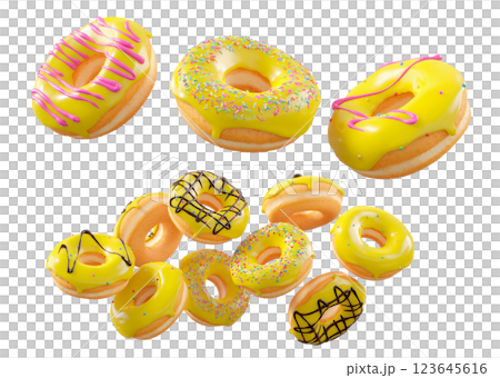 Donuts with yellow lemon glaze, sprinkles, white drizzle, and dots isolated on white transparent background 123645616