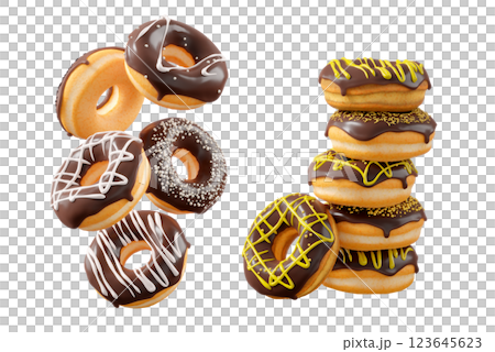 Donuts with chocolate glaze, sprinkles, white drizzle, and dots isolated on white transparent background 123645623