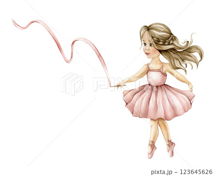 Watercolor dancing ballerina in pink dress and blond brown hair with ribbon. Hand drawn young ballerina kid for girls baby shower card. Cute illustration for childish posters or nursery wall art 123645626
