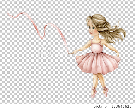 Watercolor dancing ballerina in pink dress and blond brown hair with ribbon. Hand drawn young ballerina kid for girls baby shower card. Cute illustration for childish posters or nursery wall art 123645626