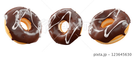 Donuts with chocolate glaze, sprinkles, white drizzle, and dots isolated on white transparent background 123645630