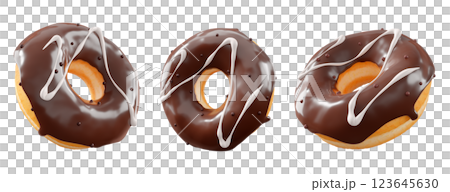 Donuts with chocolate glaze, sprinkles, white drizzle, and dots isolated on white transparent background 123645630