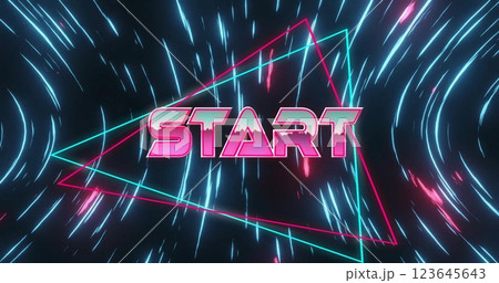 Image of start text over neon pattern background 123645643