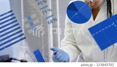 Image of financial data processing over african american female scientist working in lab Image of financial data processing over african american female scientist working in lab 123645701