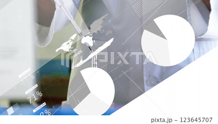 Image of financial data processing over african american female scientist working in lab 123645707