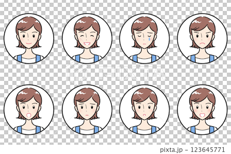 Icon set of young women and housewives with various expressions of joy, anger, sadness and happiness Icon set of young women and housewives with various expressions of joy, anger, sadness and happiness 123645771