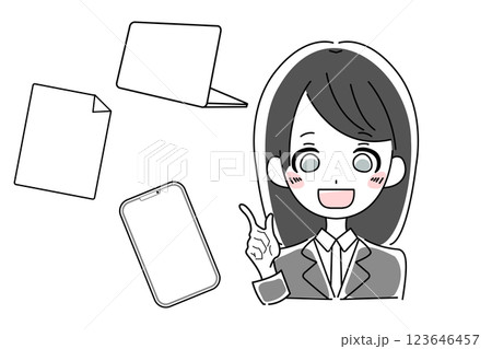 スーツを着た若い女性とデバイスのイラスト 123646457