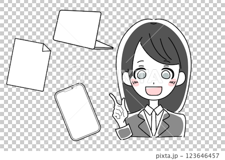 Illustration of a young woman in a suit and a device Illustration of a young woman in a suit and a device 123646457