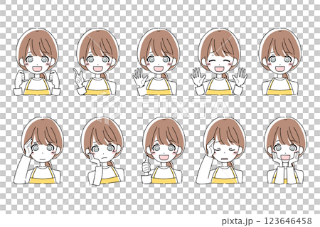Illustration set of a young woman wearing an apron Illustration set of a young woman wearing an apron 123646458