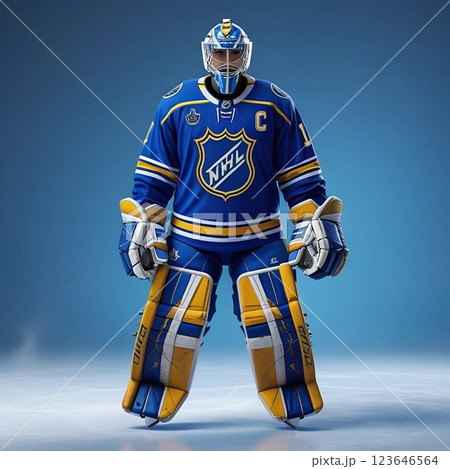 Ice hockey goalie in blue and yellow NHL uniform on rink.  123646564