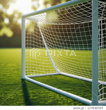 Soccer goalpost on green field in sunlight.  123646565