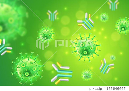 Virus particles interacting with antibody molecules 123646665