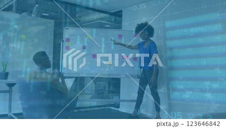 Image of financial data processing over diverse business people in office 123646842