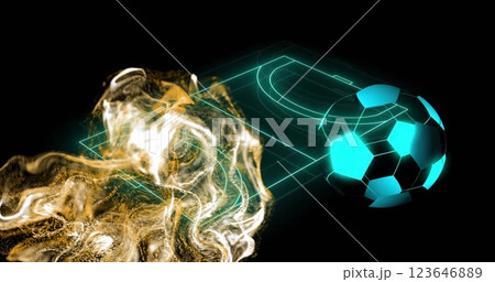 Image of orange particle network and football over blue neon handball court on black background 123646889