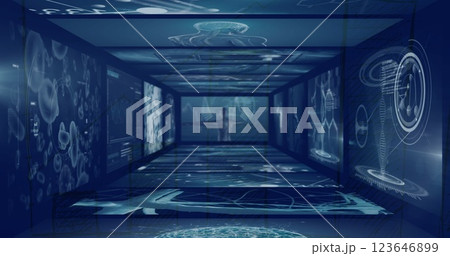 Image of scientific and medical data processing in room of giant interface screens Image of scientific and medical data processing in room of giant interface screens 123646899
