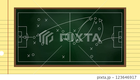 Image of football sports field with tactics and strategy drawings on ruled paper background 123646917