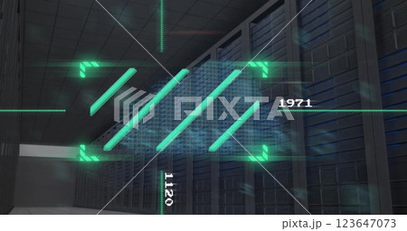 Image of data processing and analysis over server racks in data center Image of data processing and analysis over server racks in data center 123647073