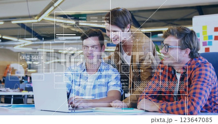 Image of financial data processing over diverse business people in office Image of financial data processing over diverse business people in office 123647085