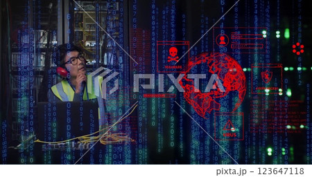 Image of globe and data processing over asian male it engineer and computer servers 123647118