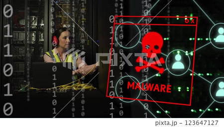 Image of malware text, binary coding and caucasian female it engineer by computer servers 123647127