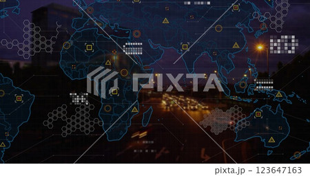 Image of world map, data processing over cityscape Image of world map, data processing over cityscape 123647163